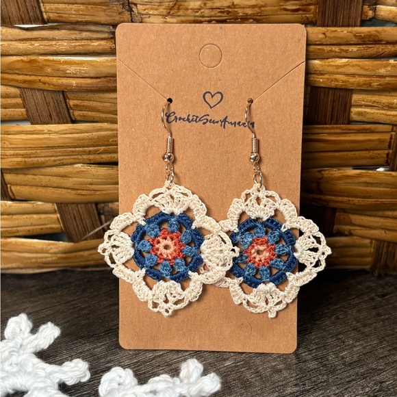 Handmade Jewelry - NWOT Elegant Crochet Blue and Cream Earrings